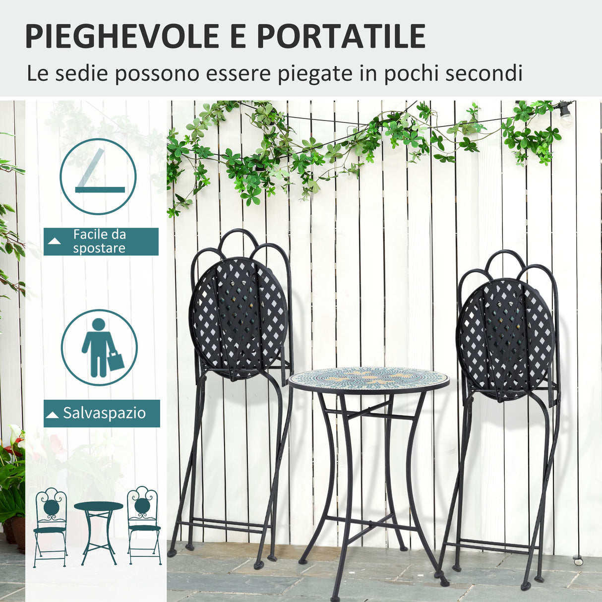 easycomfort easycomfort set da giardino 3 pezzi con mosaico tavolino e 2 sedie pieghevoli verde