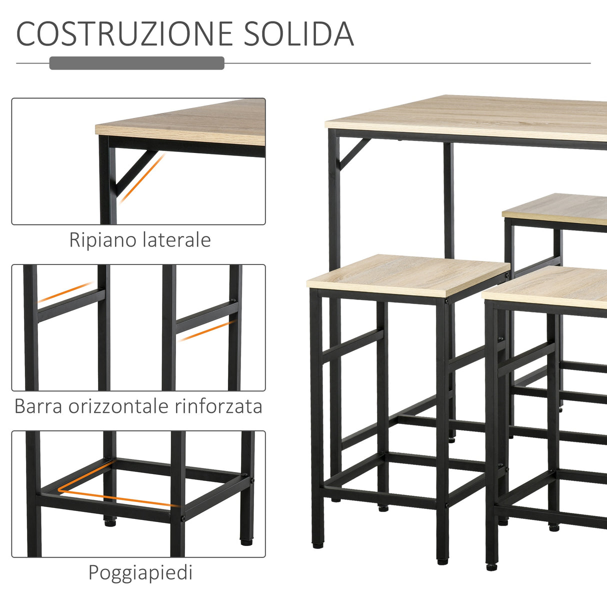 easycomfort easycomfort set tavolo alto con 4 sgabelli stile industriale in metallo e legno rovere chiaro