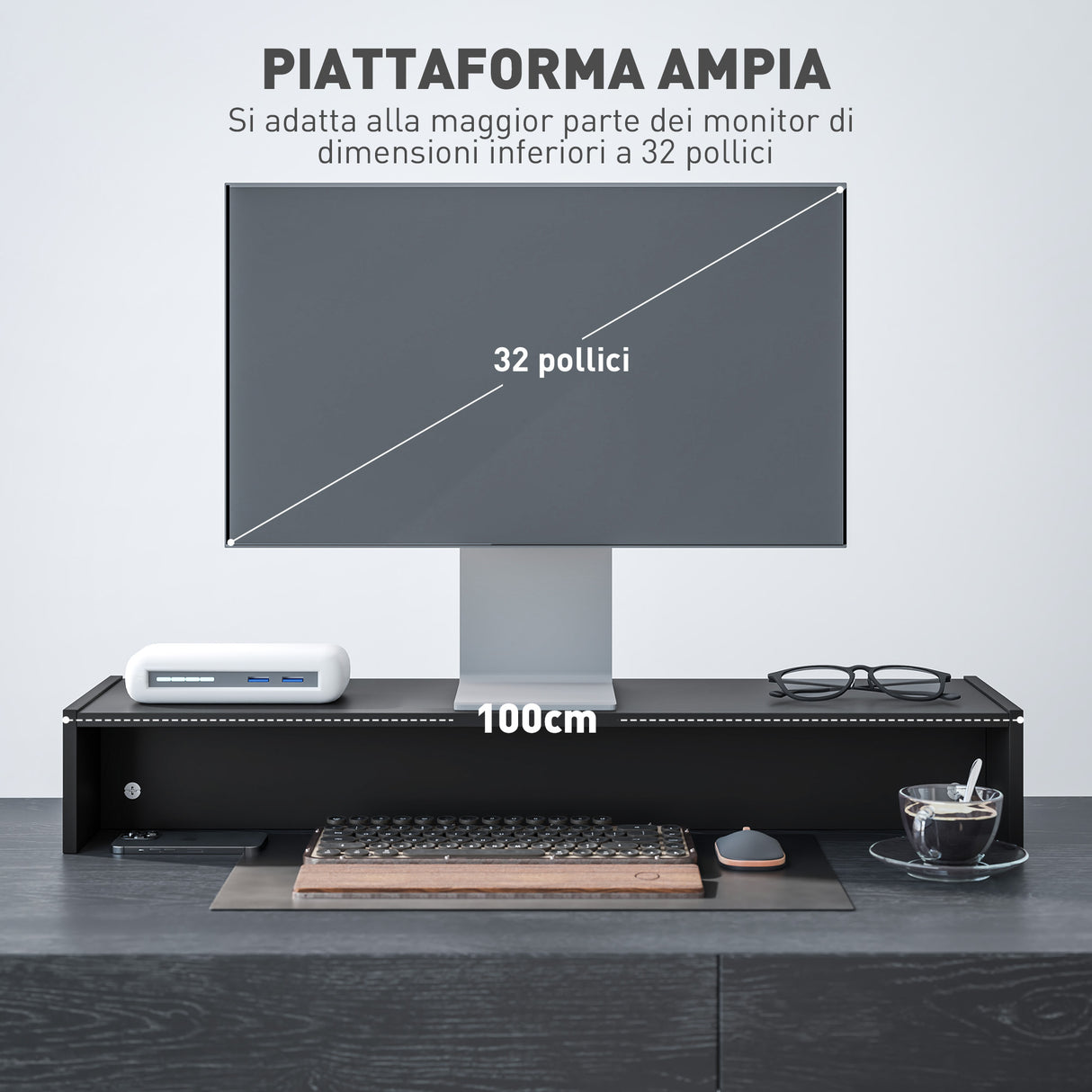 easycomfort easycomfort supporto per monitor con 2 vani contenitore in legno 100x27x15 cm nero