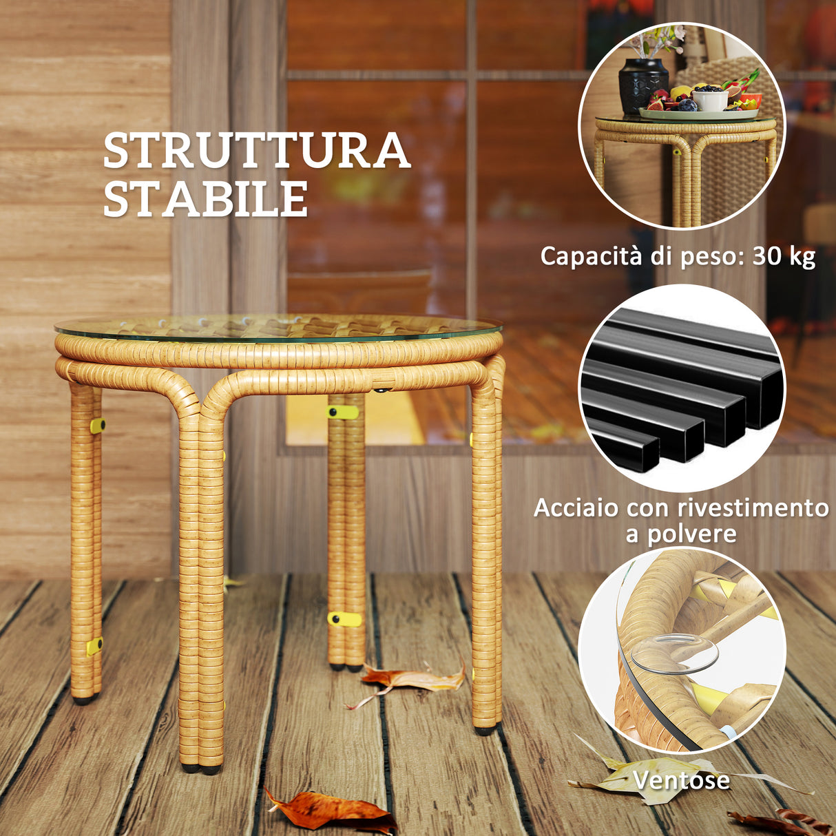 easycomfort easycomfort tavolino da giardino in rattan e vetro rotondo in stile boho chic 50x44 cm giallo