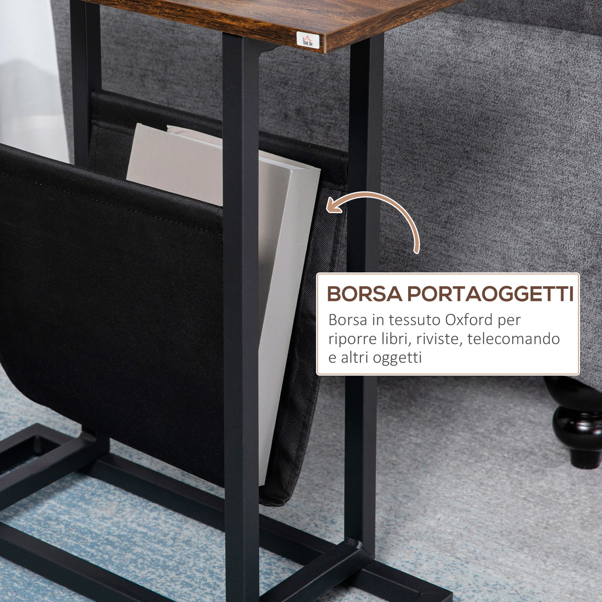 easycomfort easycomfort tavolino da salotto in truciolato e acciaio con borsa portaoggetti in tessuto oxford 49x19x55 cm marrone e nero