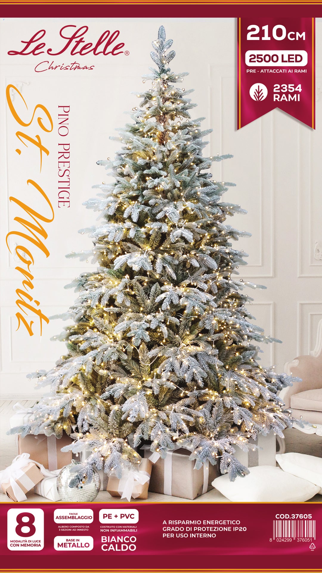 le stelle albero di natale pino verde innevato h 210cm x l 150cm super folto effetto real touch con 2500 luci led incorporate e base croce in ferro pieghevole