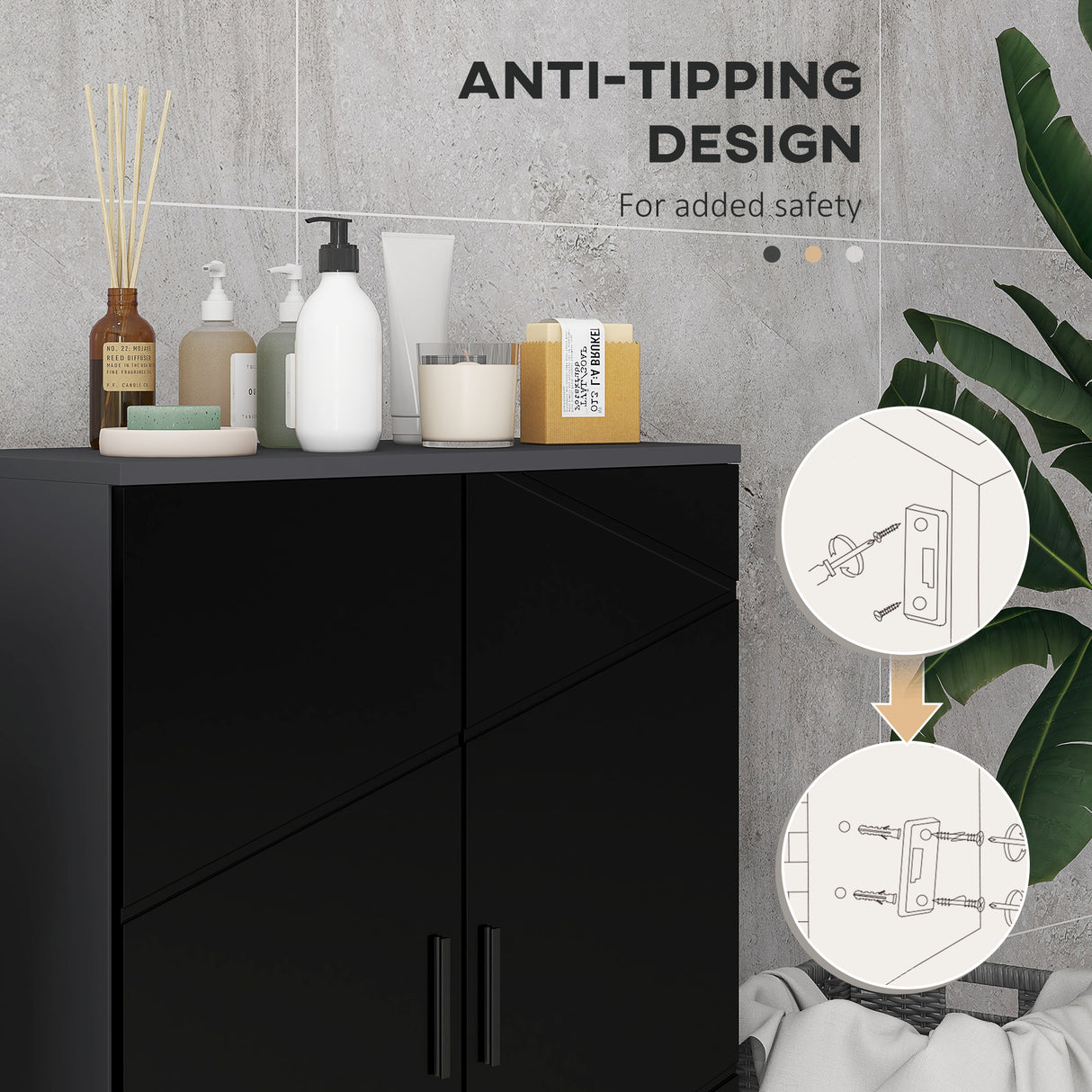 easycomfort easycomfort mobiletto bagno 2 ante in legno con 3 ripiani e chiusura ammortizzata 60x30x82cm nero