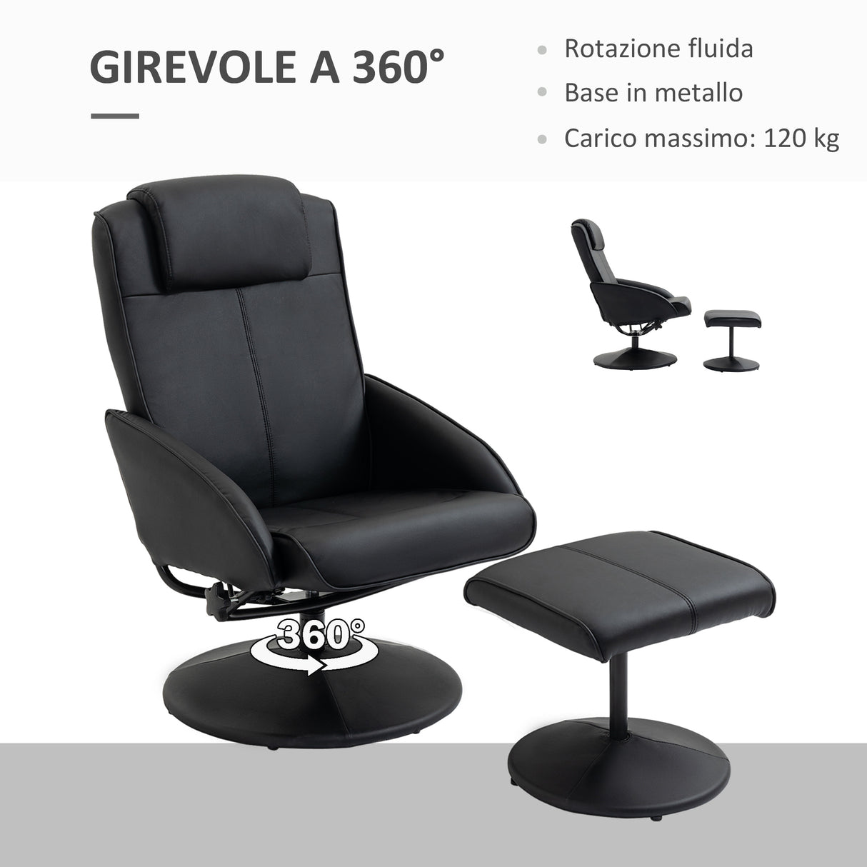 easycomfort easycomfort poltrona relax reclinabile con pouf poggiapiedi abbinato e rivestimento in finta pelle nero