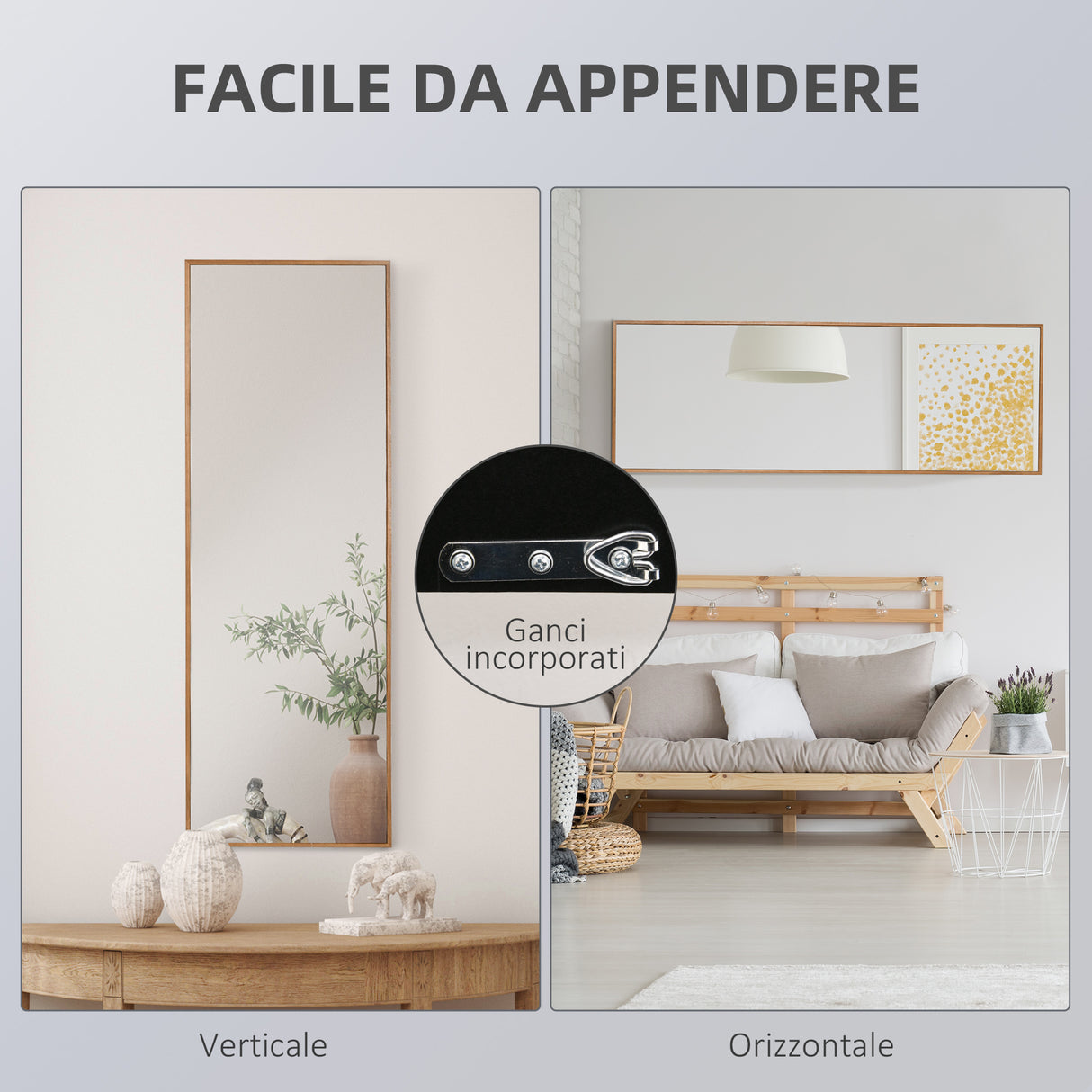 easycomfort easycomfort specchio da parete e da appoggio in legno di pino con ganci inclusi 45x125cm