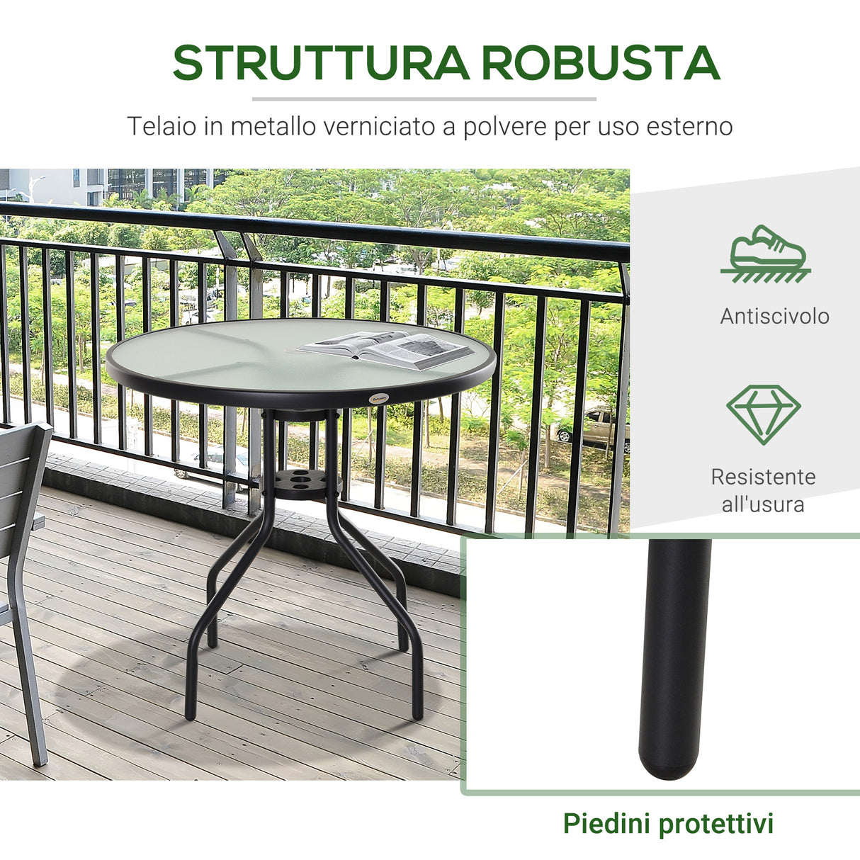 easycomfort easycomfort tavolino da giardino con piano in vetro temperato e foro per ombrellone acciaio 80 x 72 cm nero