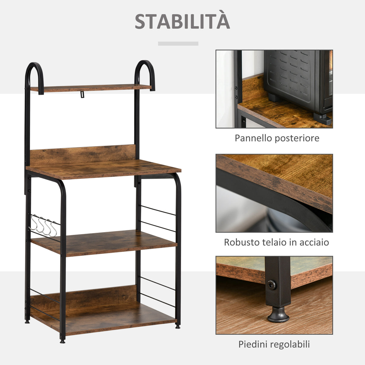 easycomfort easycomfort mobiletto per microonde a 4 ripiani e 4 ganci mobile cucina in acciaio e legno 60x40x125cm marrone rustico
