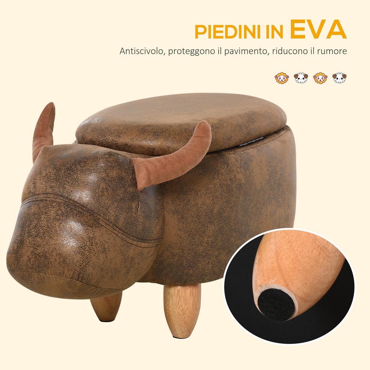 easycomfort easycomfort pouf contenitore a forma di bufalo pouf moderno da salotto sgabello poggiapiedi struttura in legno seduta imbottita 62x35x36cm marrone