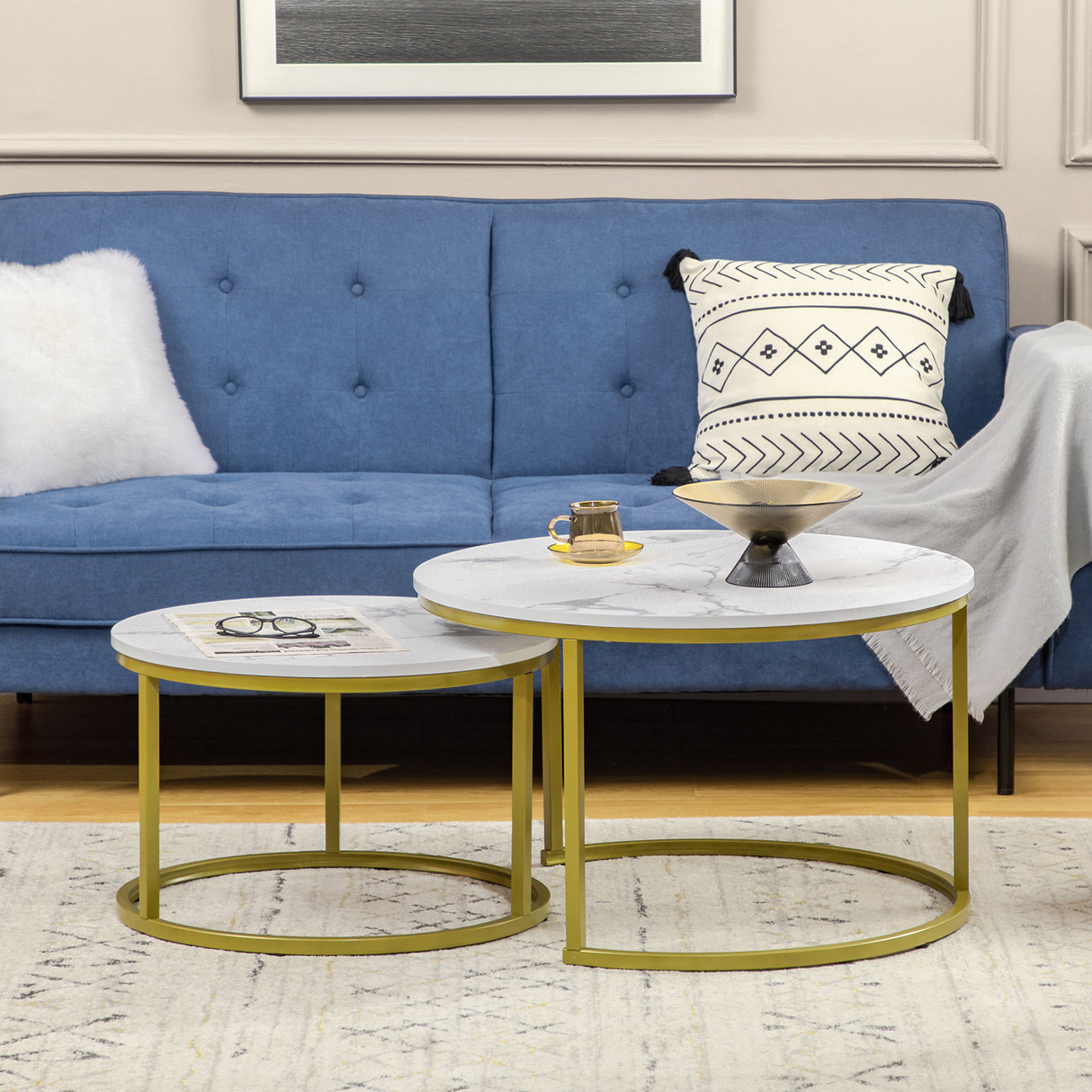 easycomfort easycomfort set 2 tavolini da salotto rotondi e impilabili in acciaio e truciolato 74x46 3 cm e 59x38 5 cm bianco e oro