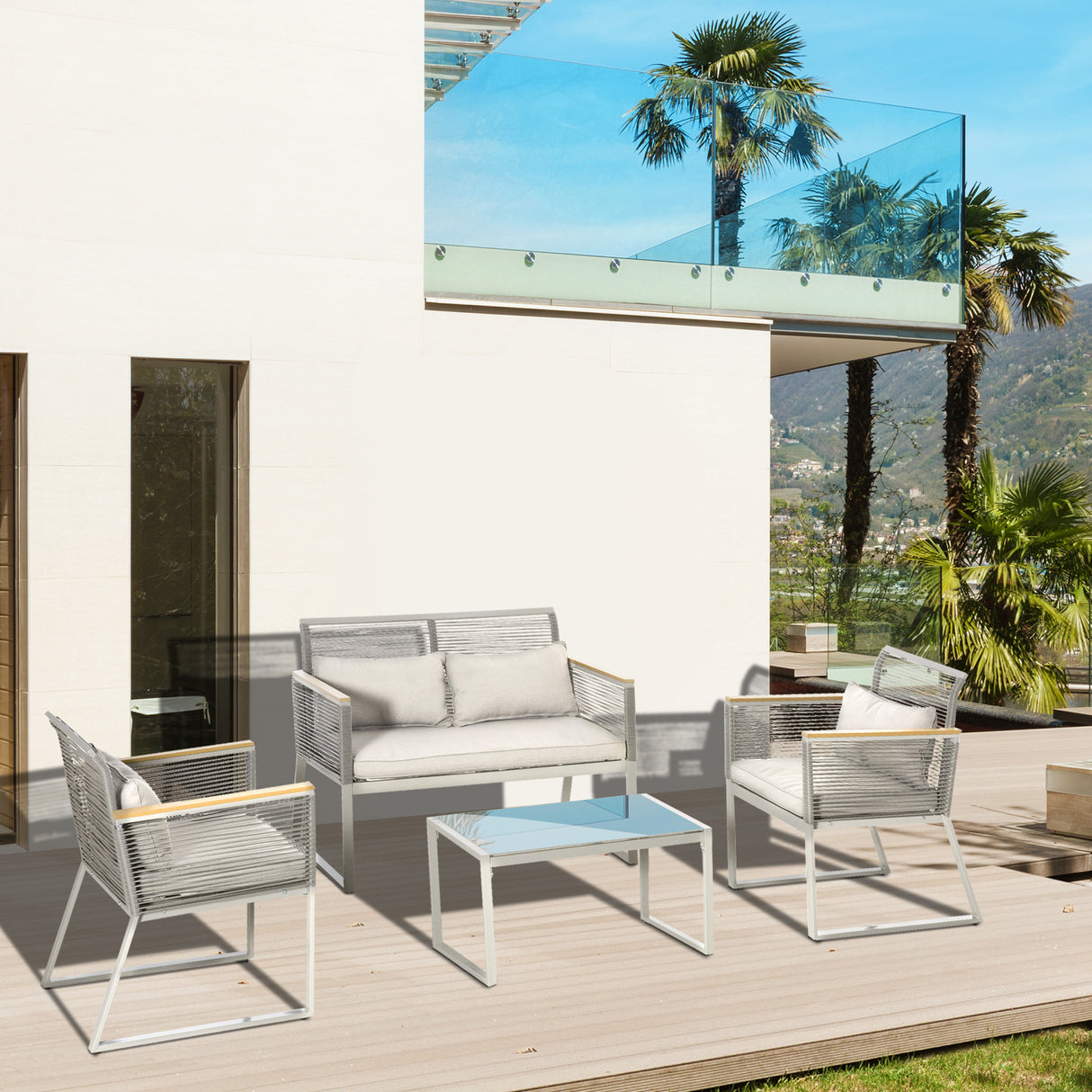 easycomfort easycomfort set da giardino 4 pezzi in rattan pe con 2 poltrone divanetto e tavolino da caffe in vetro temperato grigio