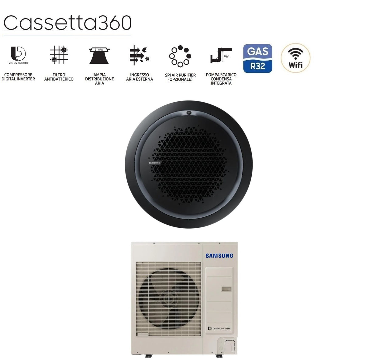 climatizzatore condizionatore samsung inverter cassetta 360 42000 btu ac120mn4pkh eu monofase r 410 wi fi optional con comando wireless incluso disponibili vari pannelli