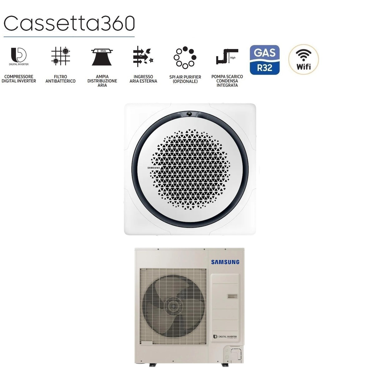 climatizzatore condizionatore samsung inverter cassetta 360 48000 btu ac140mn4pkh eu trifase r 410 wi fi optional con comando wireless incluso