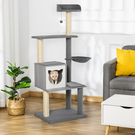 immagine-2-easycomfort-easycomfort-tiragraffi-per-gatti-multi-attivita-morbido-con-cuccia-palla-cestino-sospeso-in-sisal-peluche-grigio-61x49x160-5cm-ean-8054144135533