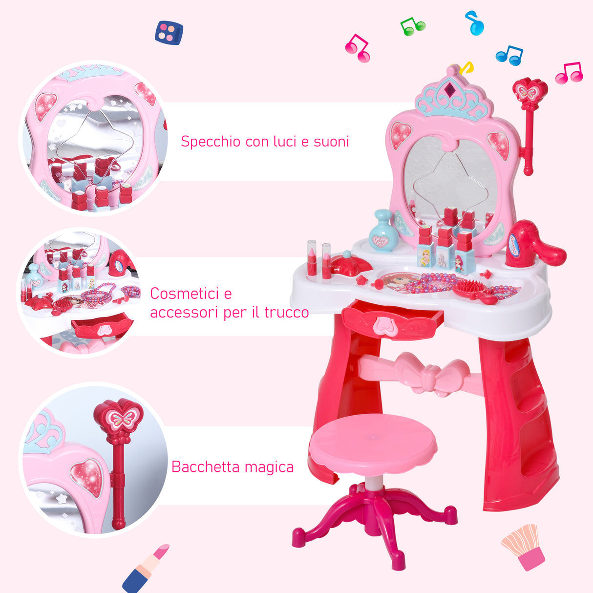 immagine-5-easycomfort-easycomfort-postazione-trucco-giocattolo-per-bambine-con-sgabello-luci-suoni-e-accessori-44x28x67-cm-bianca-e-rosa
